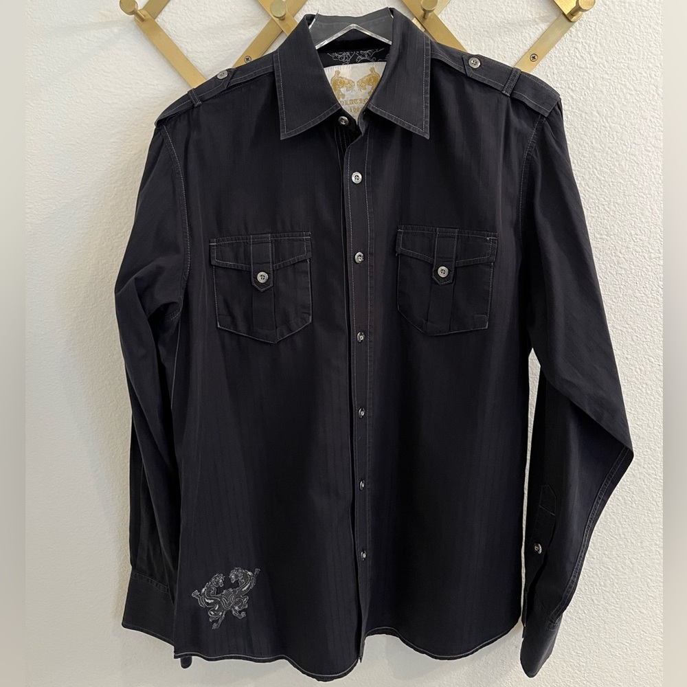 Platini Jeans Cougar Button Down Top Black Embroidered Large